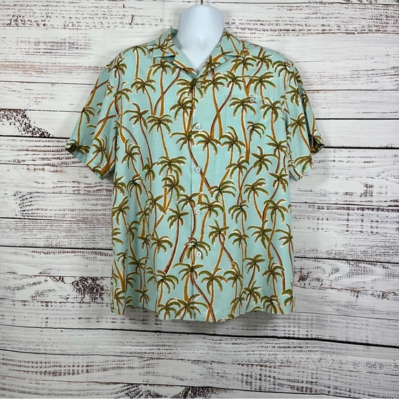 Tori Richard Blue Palm Tree Silk Blend Button Short Sleeve Shirt - Picture 1 of 14